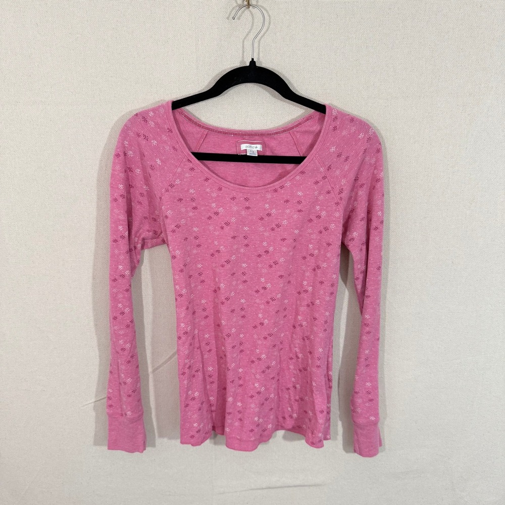 Vintage Aerie Pink Waffle Knit Snowflake Thermal Top Womens Large L Long Sleeve